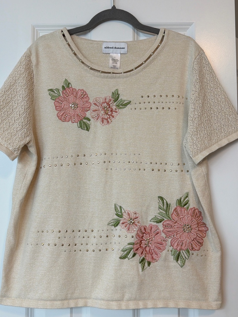 Alfred Dunner Cream Short Sleeve Top with Pink Floral Embroidery
